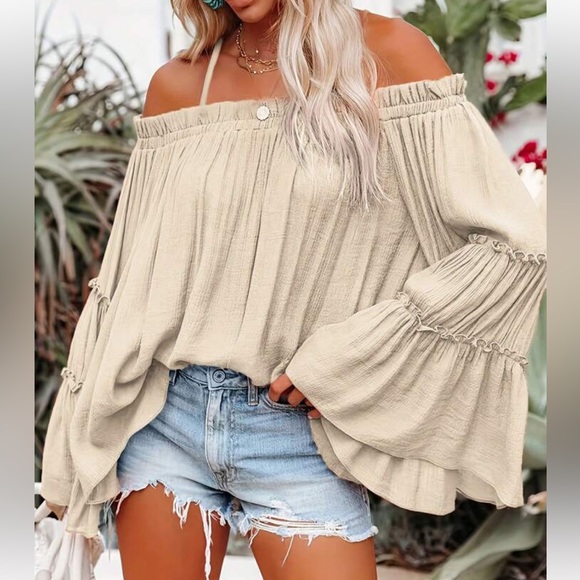 Boho Off Shoulder Flare Long Sleeve Top Blouse Shirt Black - Picture 12 of 16